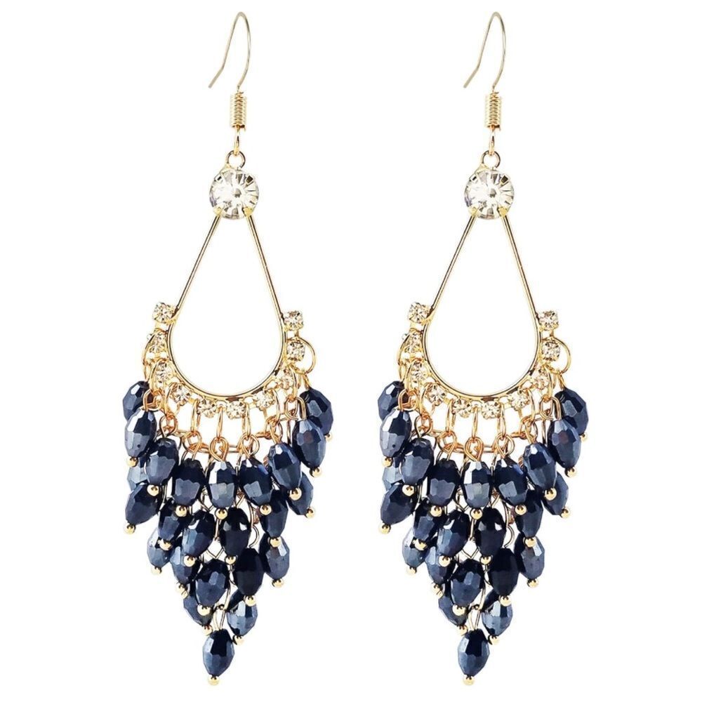 Yellow Gold with Blue and White Diamond Crystal Chandelier Drop Hook Earrings